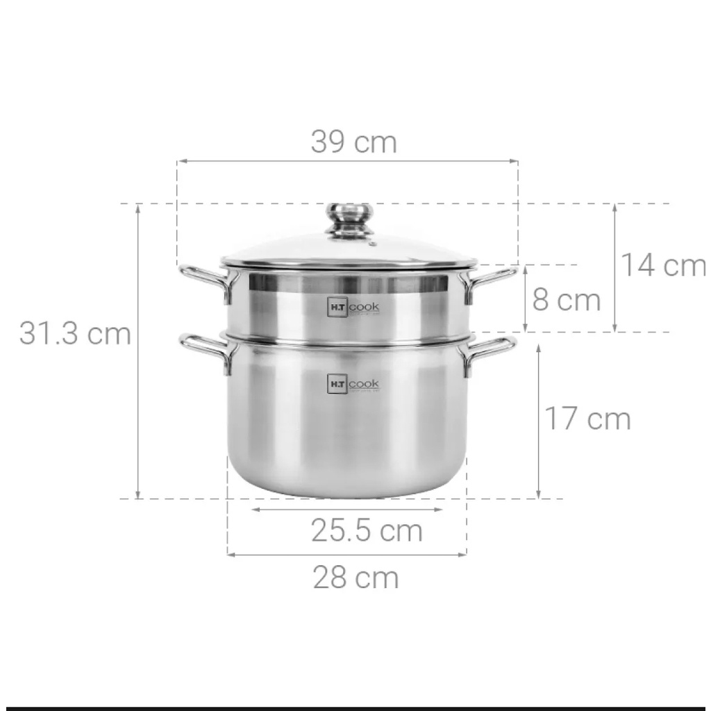 Bộ nồi xửng hấp inox 1 đáy HT COOK 28 CM  INOX 430 Dùng được các loại bếp ( BẢO HÀNH 2 NĂM)