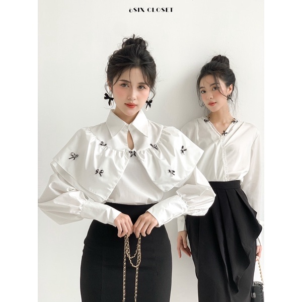 Áo HANA đính kết nơ đen cổ bèo