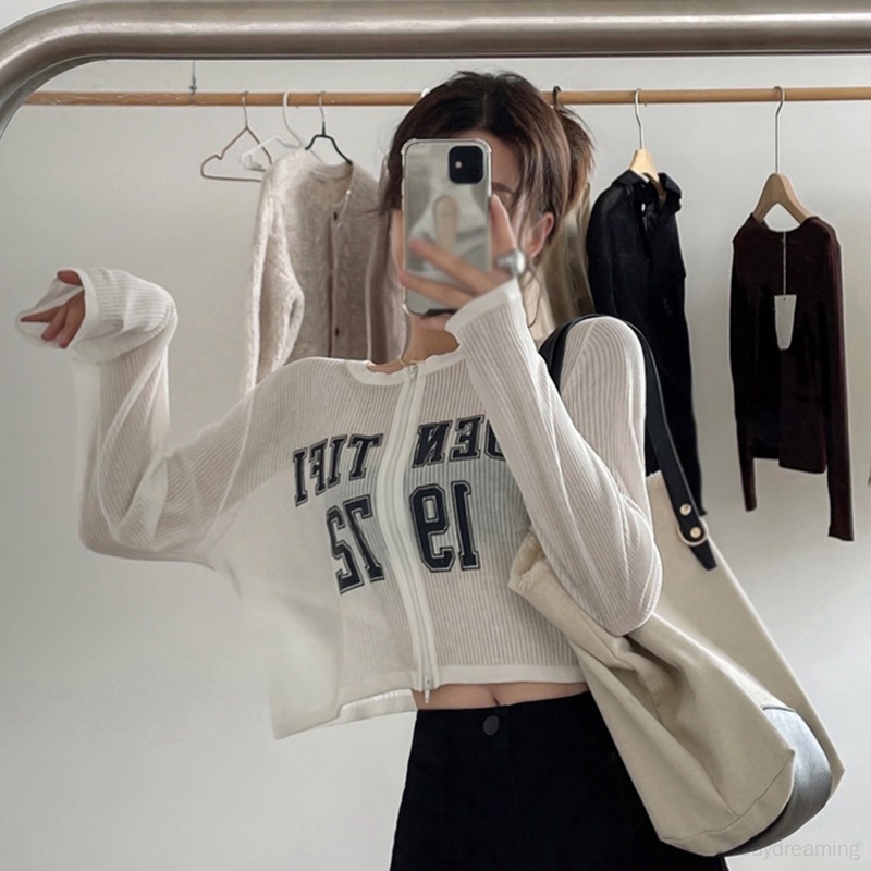 Áo Croptop Tay Dài Vải Lụa Lạnh Chống Nắng Phối Khóa Kéo Kiểu Hàn Quốc Cá Tính