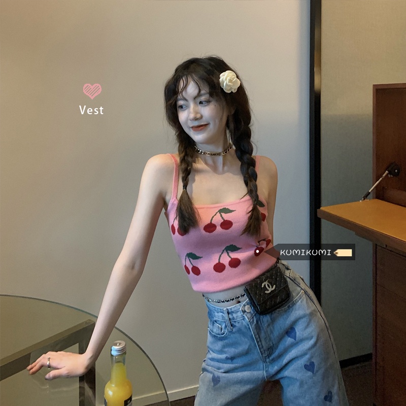 HUANG YOYO Áo Hai Dây Họa Tiết Quả Anh Đào Thời Trang Hàn Quốc