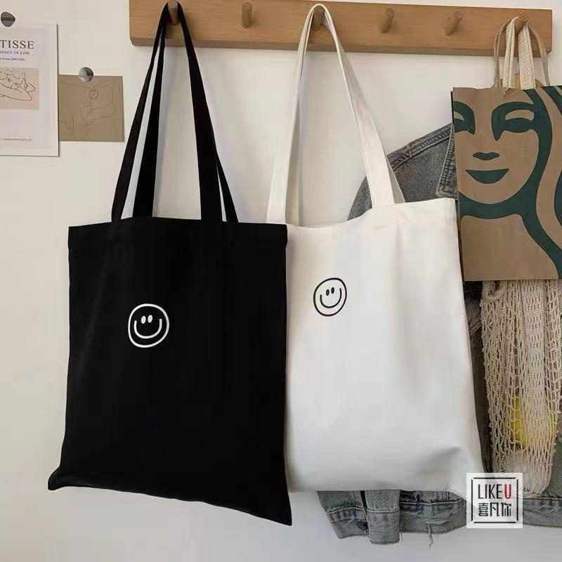▣✺❇Ba Lô Đi Học Vải Canvas Cỡ Lớn Có Khóa Kéo In Mặt Cười Phong Cách Hàn Quốc Đơn Giản Thời Trang Cho Nữ