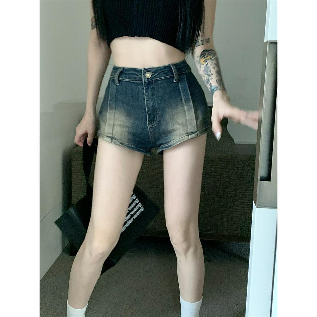 Ethelgirl Quần Short Denim Lưng Cao Co Giãn Phong Cách Vintage Đường Phố Mỹ Cho Nữ