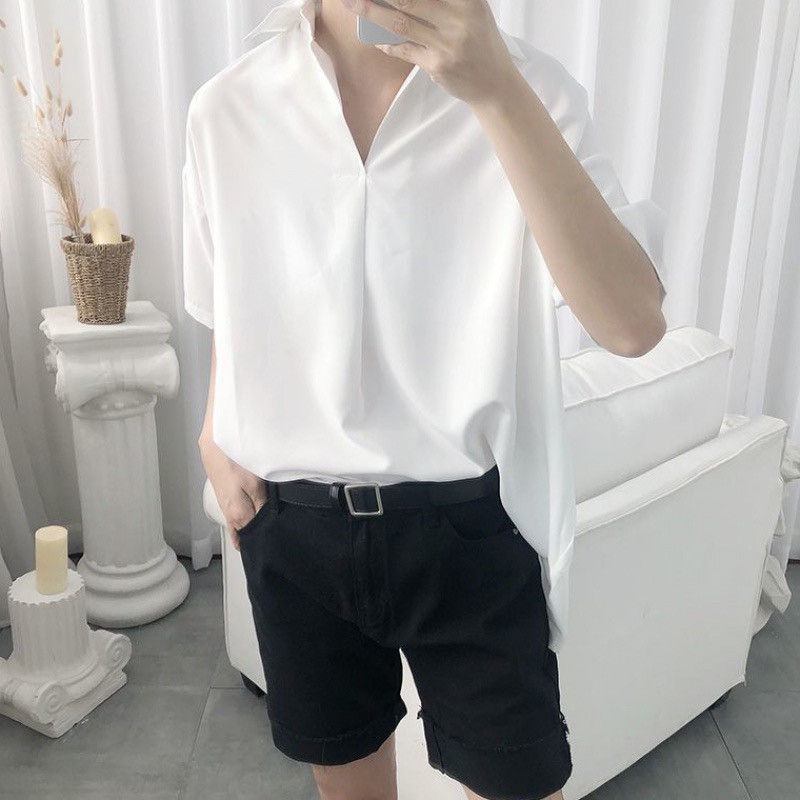 Áo Sơ Mi kiểu style Hàn Quốc CỔ CHUI unisex nam nữ form rộng BASIC hai màu trắng đen