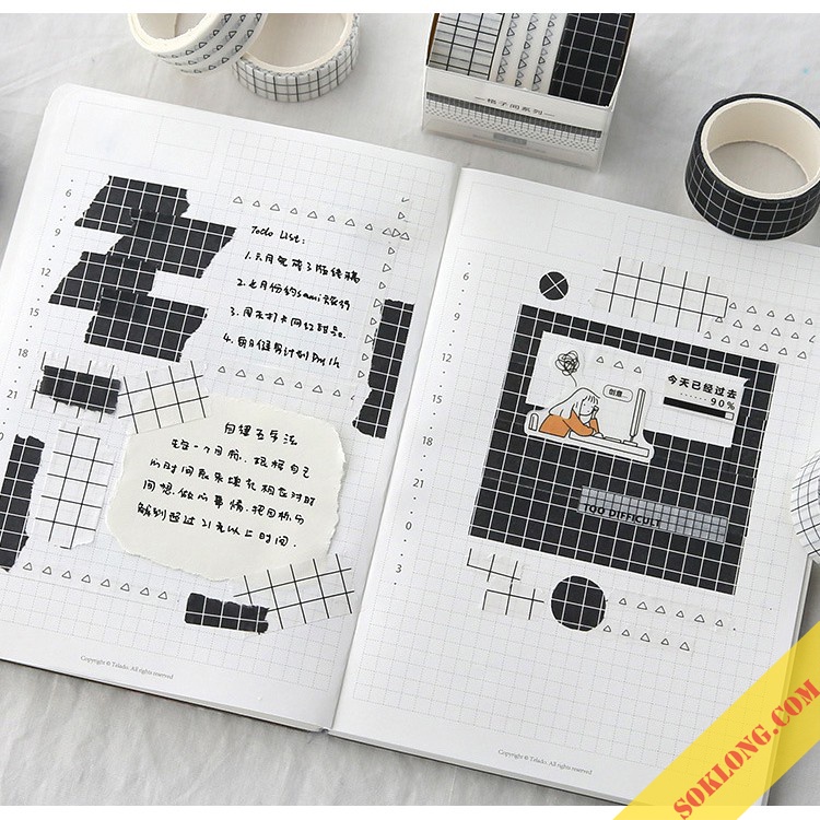 Bộ Washi tape băng dính họa tiết kẻ, chấm bi Basic trang trí sổ Bullet Journal, bưu thiếp, album