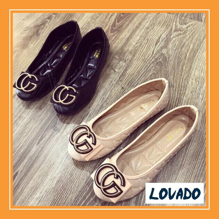 Giày nữ đế bệt búp bê trần da đính họa tiết CC êm chân