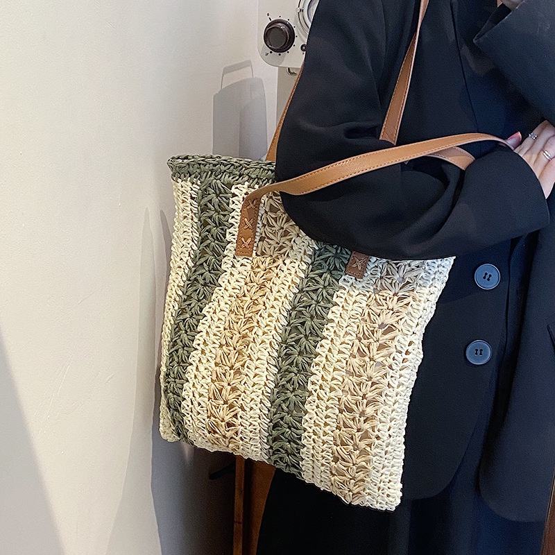 Túi cói vuông đeo vai Tote - dây da - phong cách Vintage