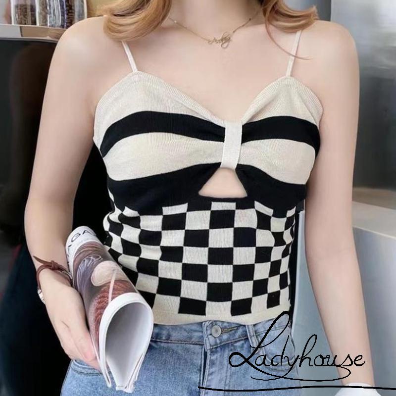 Áo tank top hai dây họa tiết kẻ sọc thắt nơ phía trước thời trang mùa hè cho nữ