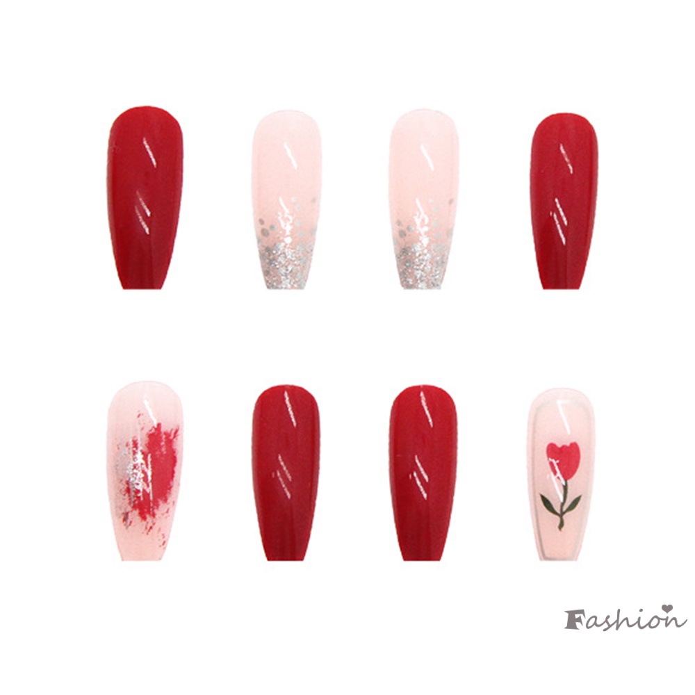 Bộ Móng Tay Giả Tập Múa Ba Lê Hình Hoa Tulip Màu Đỏ Rượu Kèm Đầu Tab Tự Dính Dành Cho Người Mới Bắt Đầu