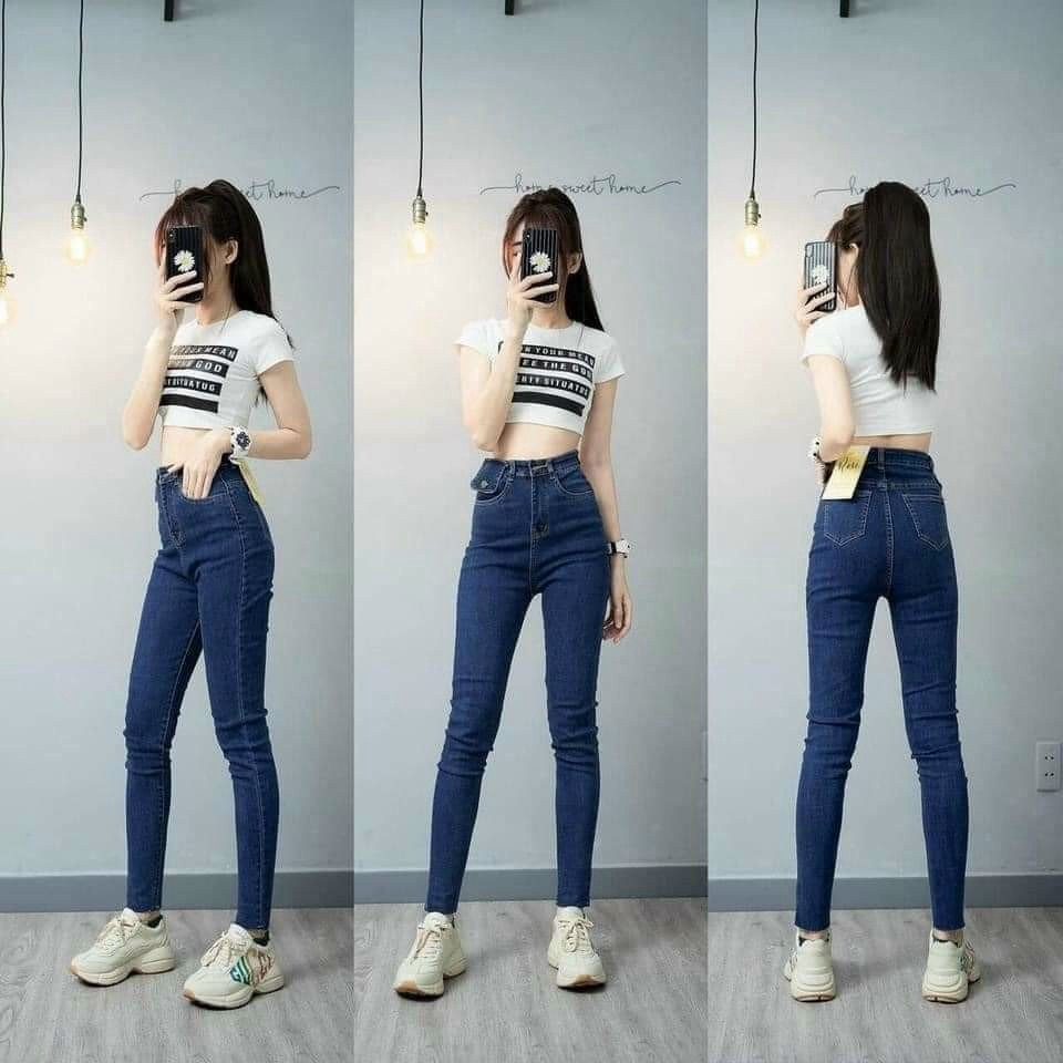 Quần bò jeans cạp cao dáng ôm nắp túi