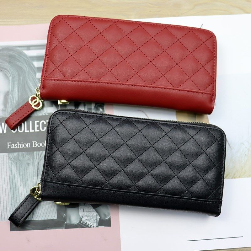 European And American Small Wallet Female 2021 New Korean Version Wild Embroidery Grid Zipper Clutch Large Capacity Long Wallet