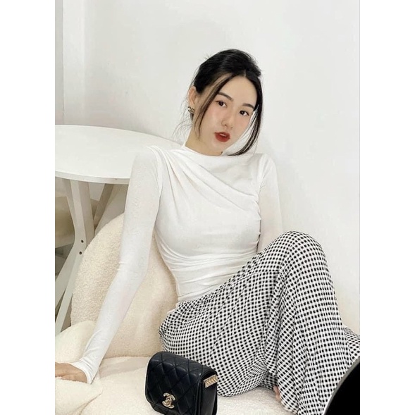 Áo thun dài tay cổ 3p nhúm eo