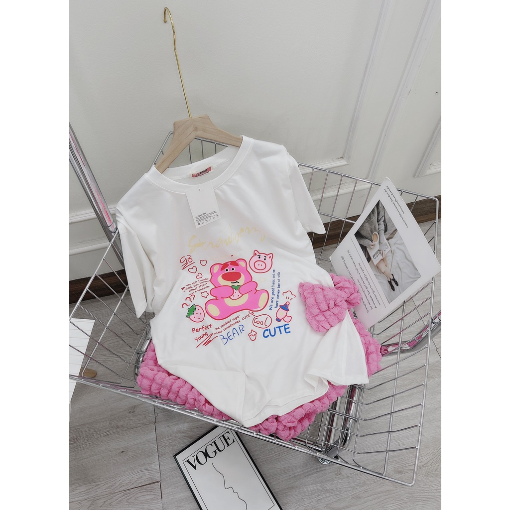 Set gấu hồng nơ hông mix quần đùi phồng cotton mềm mát