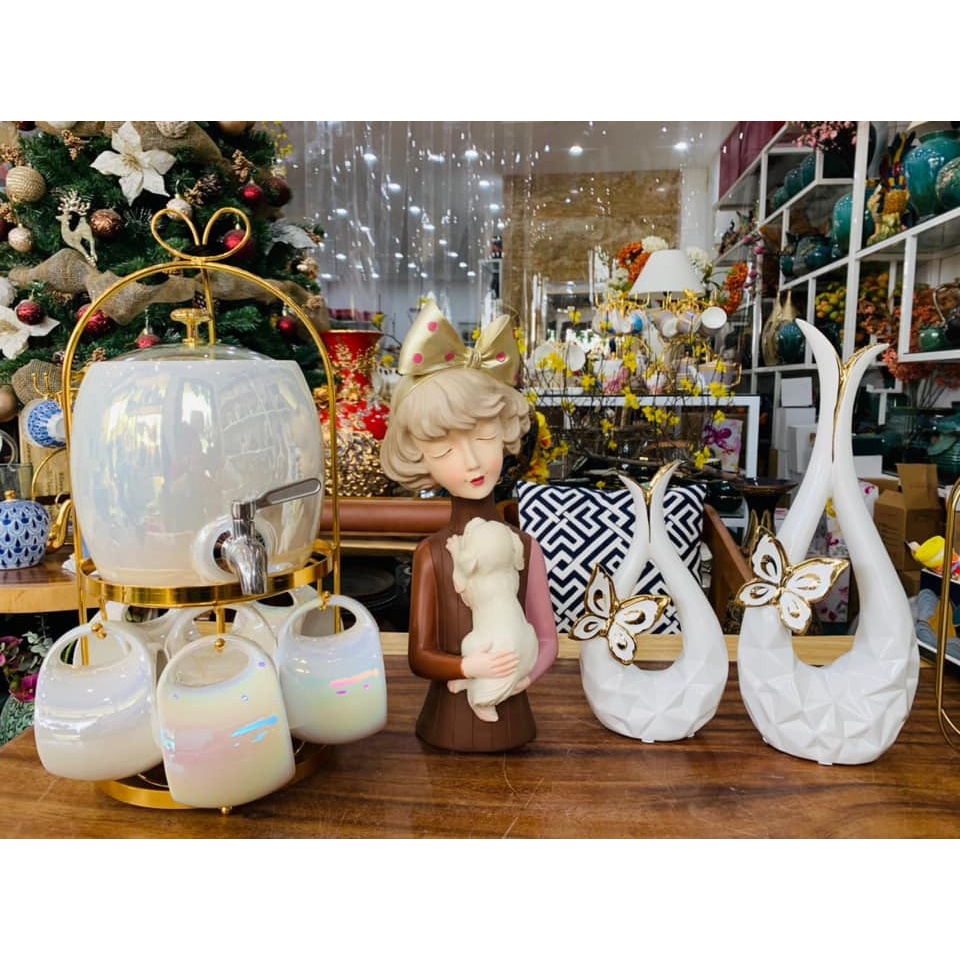 [ ảnh thật 100%] Bộ bình chum và 6 cốc sứ trắng hoặc xanh trang nhã - decor phòng khách, quà tặng tân gia ý nghĩa
