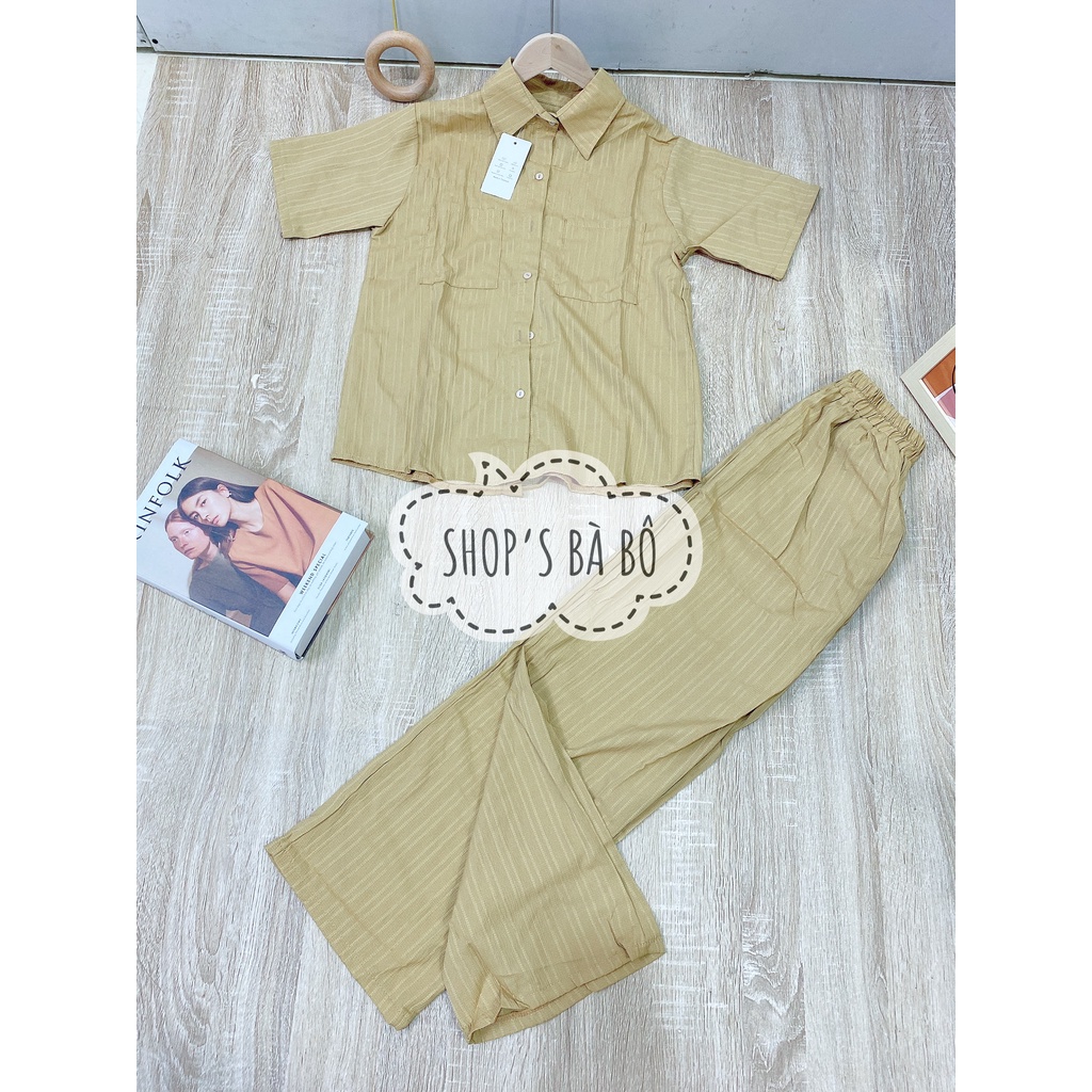 Set áo sơ mi xẻ tà sau, quần dài, chất đũi xước đẹp, form chuẩn, cho nữ mặc đi chơi, đi biển