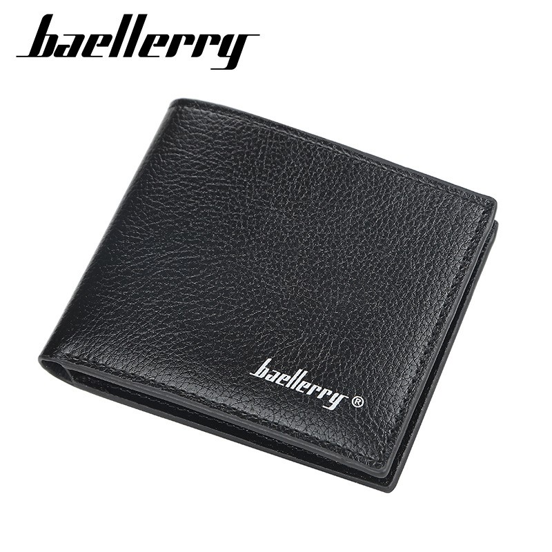 「COD」Baellerry Men's Short Wallet Korean Version of The Lychee Pattern Open Wallet Simple Leather Wallet