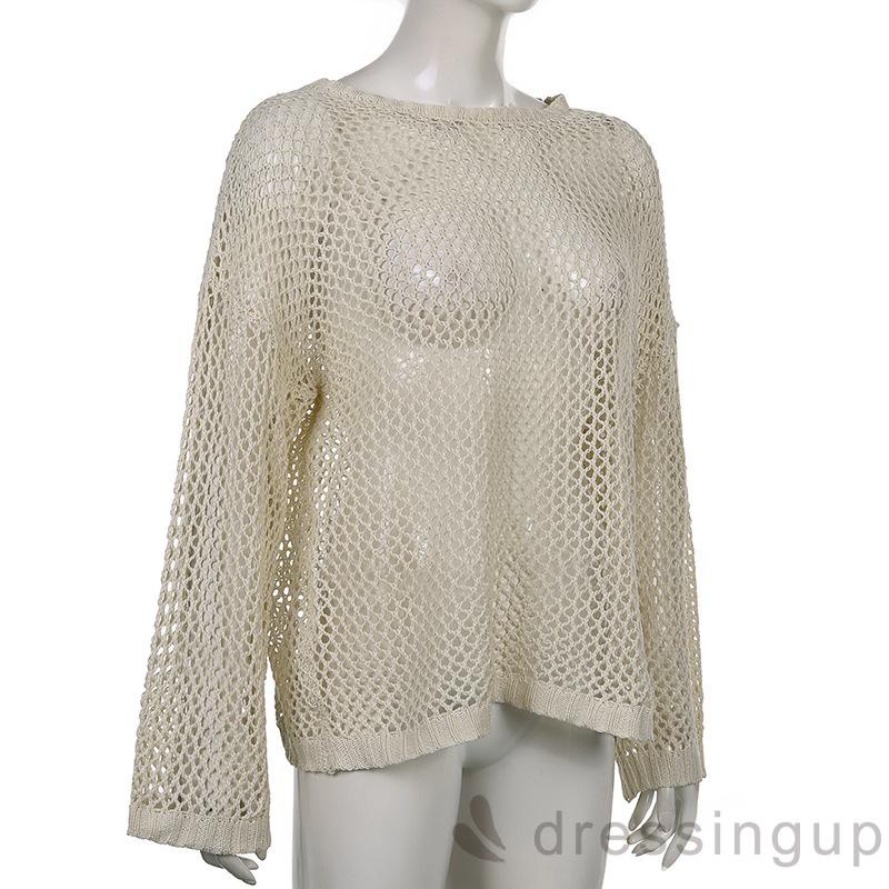 Áo kiểu dệt kim tay dài cổ tròn dáng rộng thiết kế lưới cá quyến rũ cho nữ