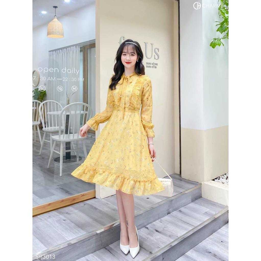 TCO- Đầm váy voan hoa dáng xòe cánh tiên, kết nơ vàng tươi sáng, trẻ trung thời trang nữ dạo phố, đi biển
