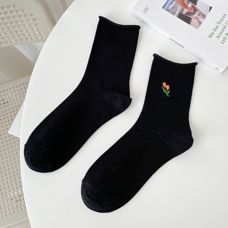 Vớ cotton Mỏng Cổ Vừa Thêu Họa Tiết Màu Sắc macaron Phong Cách Nhật Bản