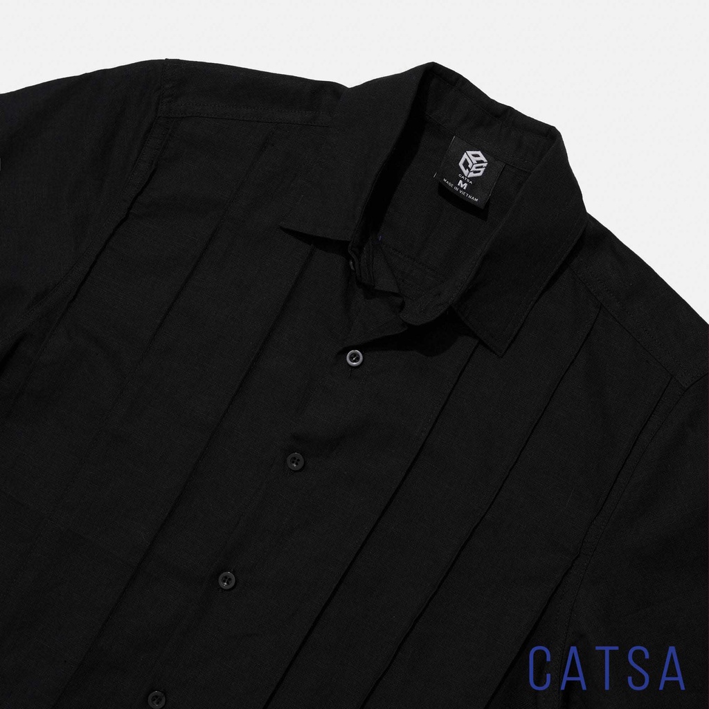 Áo sơ mi đen nam tay ngắn Oversize cổ bẻ vải kaki cotton mềm mại, co giản, thoải mái CATSA ASN174