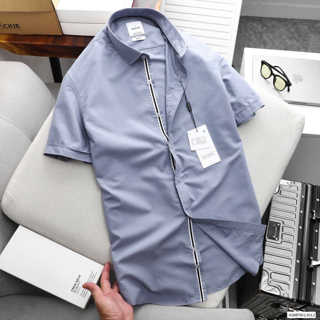 Áo sơ mi nam ngắn tay BT viền phối, form slimfit chất vải cotton vs poly chống nhăn tuyệt đối thấm hút mồ hôi, Hàng VNXK