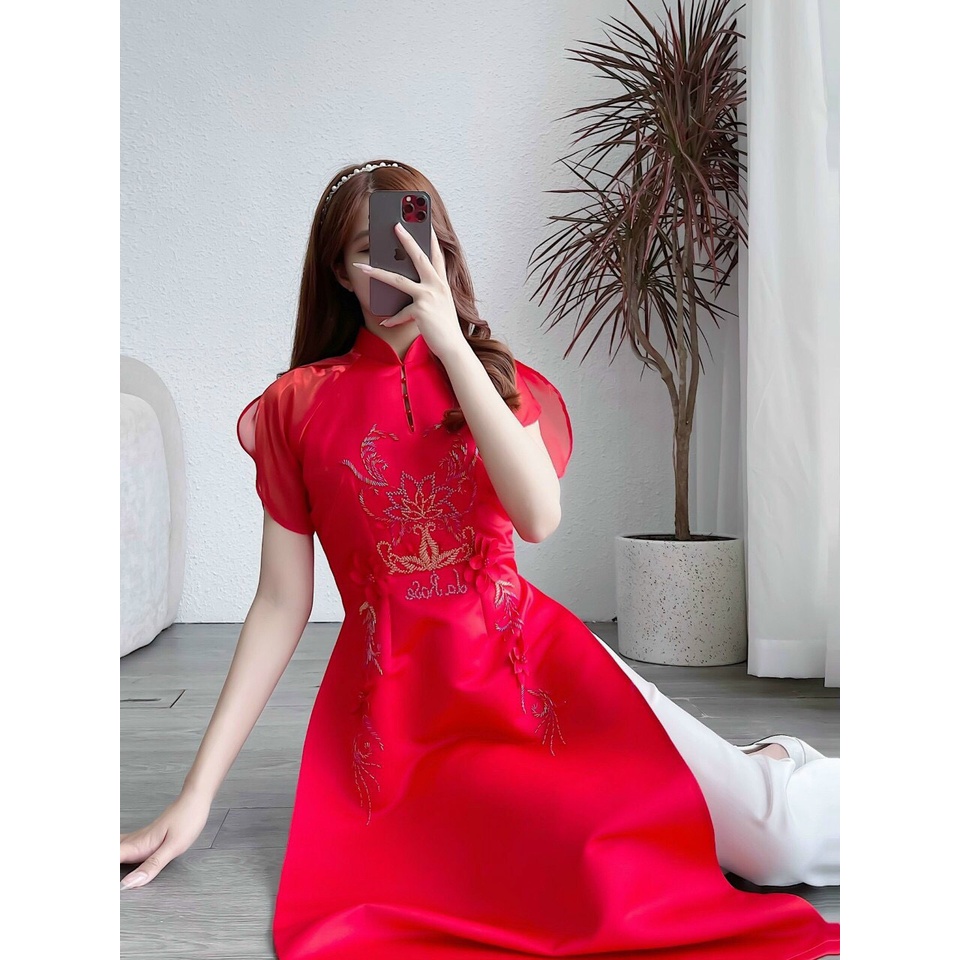 Áo Dài Cách Tân tiểu Thư Sang Chảnh La Rose, Chất tafta Đính Kết Lên Form Chuẩn Đi Dự Tiệc