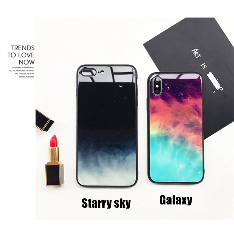 Ốp điện thoại mặt kính cường lực họa tiết bầu trời lấp lánh cho iPhone X XR XS MAX 6p 7 8plus