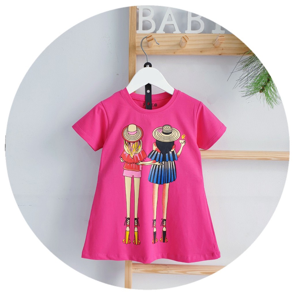 Đầm Bé Gái DAHANA Kids - Đầm Bé Gái Dáng Rộng Tay Ngắn Cho Bé 2-12 Tuổi Hình In Couple Girl