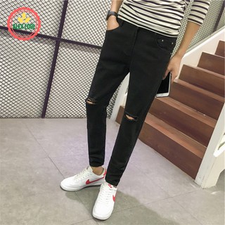 [ Free Ship ] Quần jean nam rách gối đen trơn chất bò mỏng nhẹ ống côn, phù hợp mùa hè, alex cool