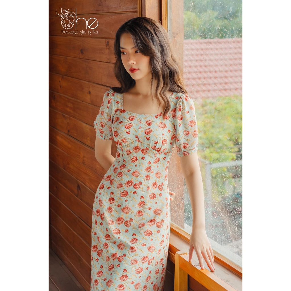 Đầm hoa cổ vuông dáng midi She, đầm nữ voan đi làm thiết kế thời trang nữ SDX100