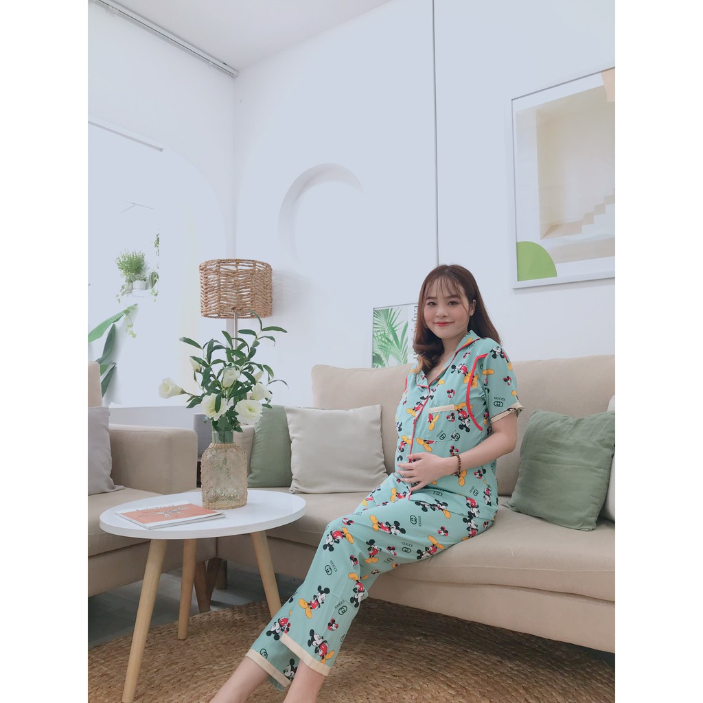 Bộ dài/pijama bầu và sau sinh cho bé bú/ti chất lụa thái cao cấp không nhăn - LTNT01