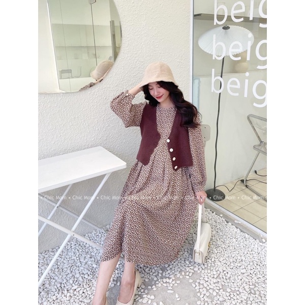 Set váy bầu hoa + áo gile
