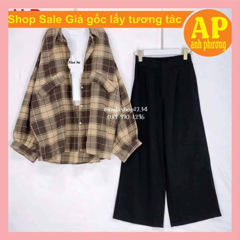 Sét 3 món sơ mi + áo xiao + quần suông❤️gồm áo sơ mi kẻ 2 nắp túi chất thô❤️áo trong body in chữ chất bozip và quần suôg