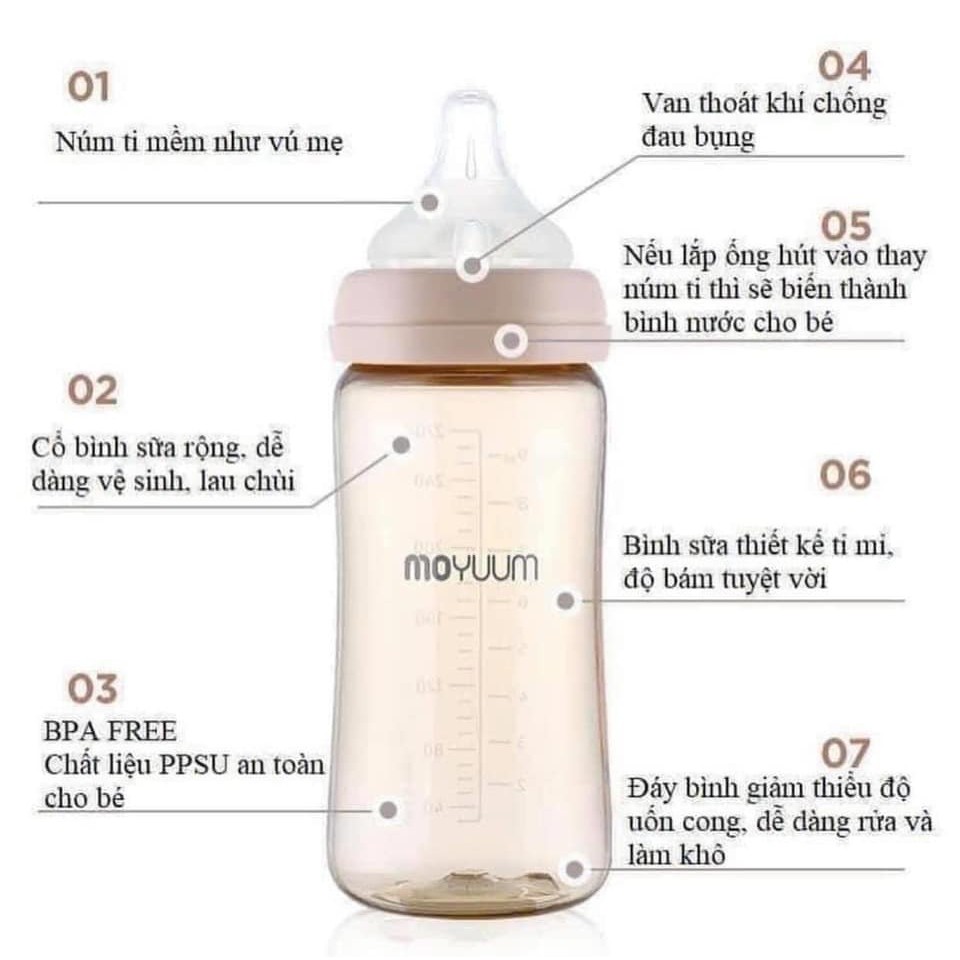 [CHÍNH HÃNG HÀN QUỐC]Bình Sữa Moyumm PPSU Cổ Rộng Cho Bé Sơ Sinh-Núm Siêu Mềm 160ml , 270ml.