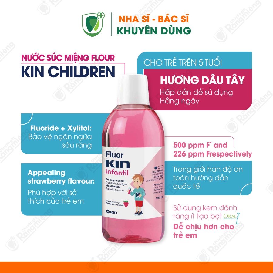 Nước súc miệng cho bé Fluor Kin Infantil, Ngăn ngừa Sâu răng, Hương Dâu, Dùng cho trẻ trên 5 tuổi, Chai lớn 500ml