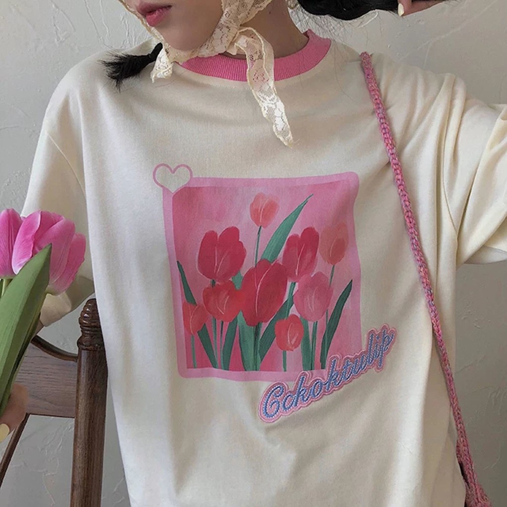 Áo Thun 100% Cotton Tay Ngắn Dáng Rộng In Hình Hoa Tulip Màu Sắc Cổ Điển Thời Trang Cho Bạn Gái