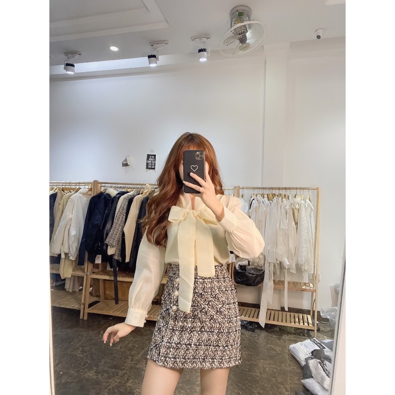 sơmi cổ nơ voan bon