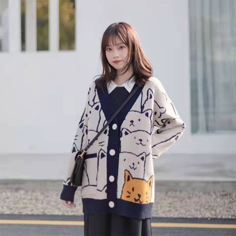 Áo Khoác Len Cardigan Họa Tiết Gấu Hoạt Hình Dễ Thương Cho Nữ