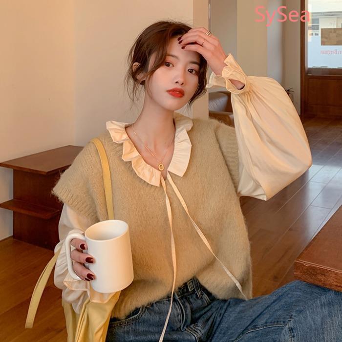 Áo Sơ Mi Voan Tay Dài / Áo Khoác Len Không Tay Thời Trang Cho Nữ