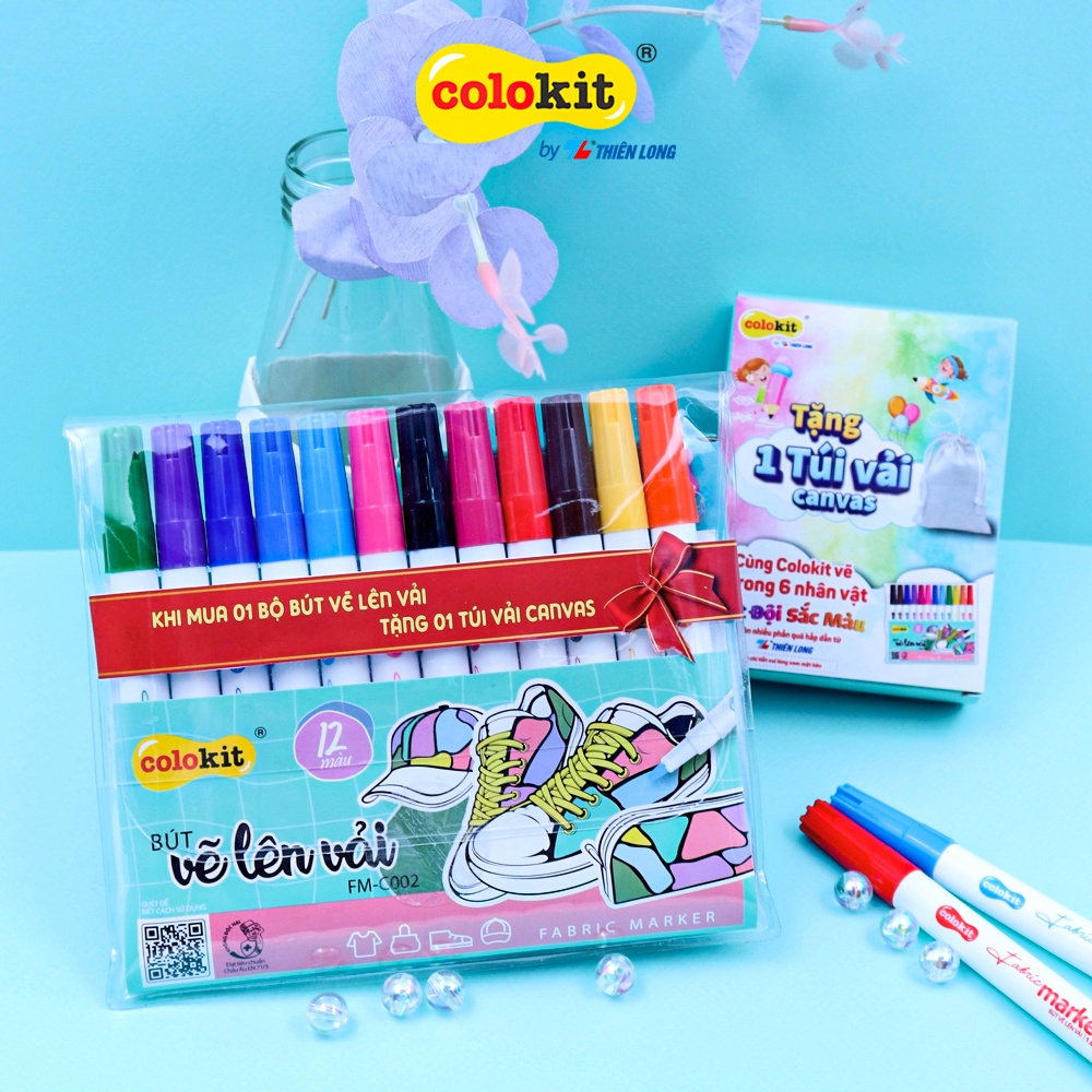 Bút vẽ lên vải 12 màu Fabric Marker Thiên Long Colokit FM-C002 - Tặng kèm túi vải Canvas