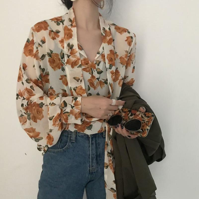 COZOK Áo Sơ Mi Chiffon Tay Dài In Họa Tiết Hoa Hồng Thời Trang Cho Nữ