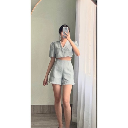 [Sẵn S] Set Áo Dạ Tay Bồng + Quần Đùi Dạ Tua Rua Set Dạ Croptop Xanh Nhạt (Ảnh thật)