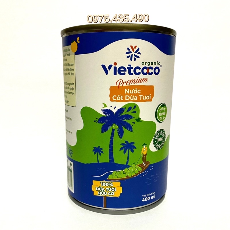 Nước Cốt Dừa Tươi VietCoCo Organic Premium Made in Việt Nam 100% Dừa Tươi Hữu Cơ Lon 400ml