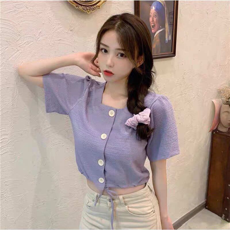 Áo Cổ Vuông tay ngắn ulzzang dáng croptop phối khuy độc đáo Hàn Quốc C51 - Maoshop | BigBuy360 - bigbuy360.vn