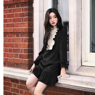 Váy đầm nữ nhung cổ bèo đen đỏ mặc Tết freesize dáng suông dài tay tiểu thư đi tiệc sang trọng C697