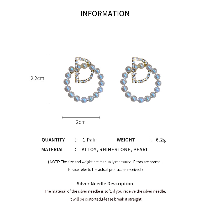 DREJEW Bông Tai Hình Chữ D Đính Ngọc Trai Kim Cương Giả Phong Cách Hàn Quốc Đơn Giản Dễ Phối Đồ