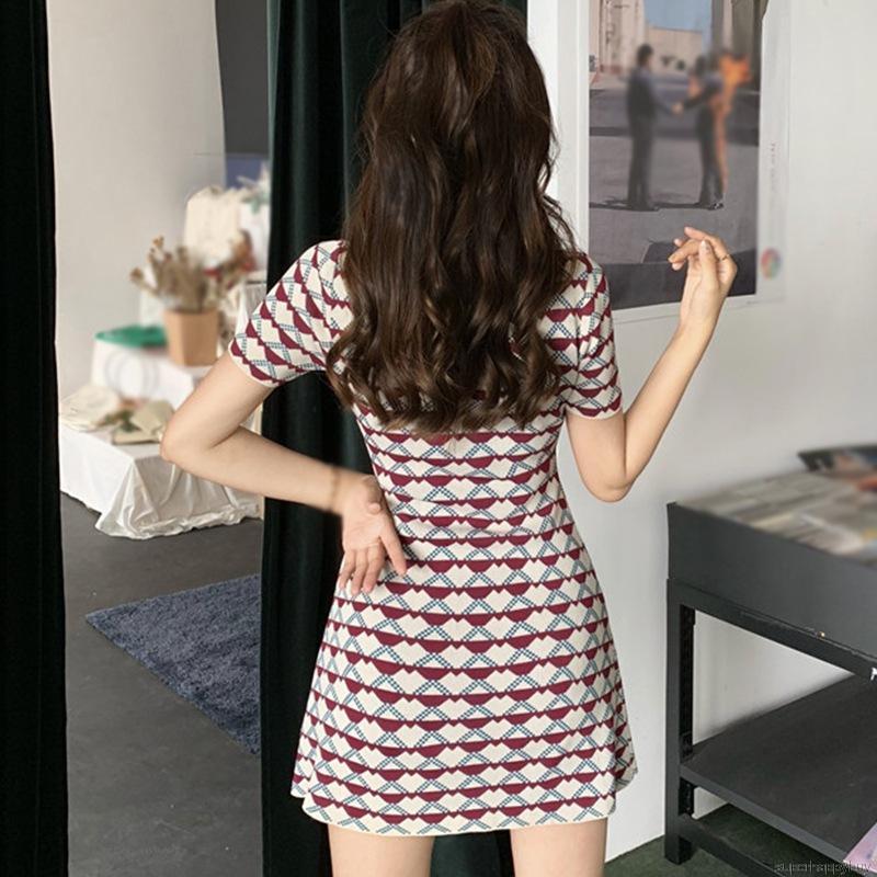 Đầm Dệt Ngắn Tay Cổ Chữ V Xinh Xắn Theo Phong Cách Retro Hàn Quốc Dành Cho Nữ