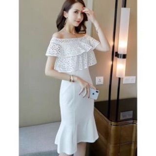 Đầm body trắng trễ vai đuôi cá phối ren  hoa siêu sang -sp có 2 size M-L