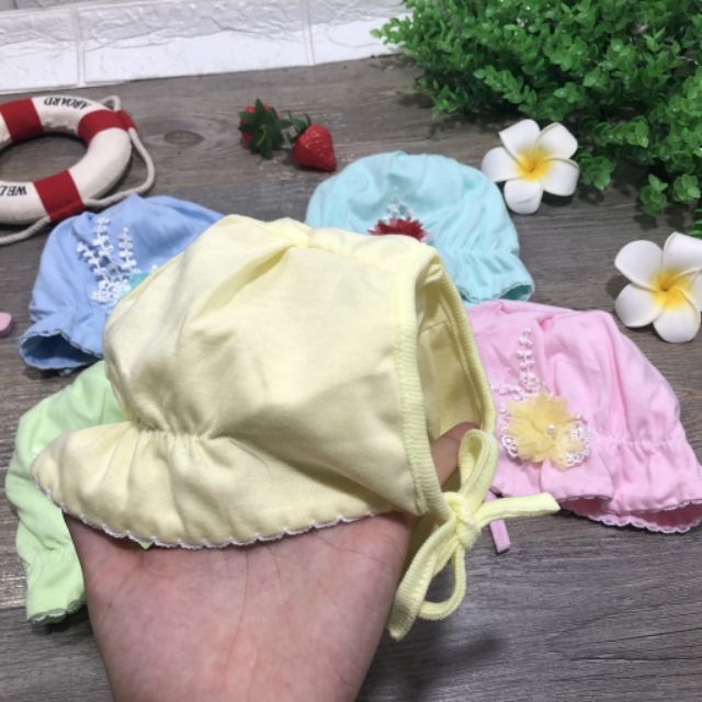 Mũ cotton 2 lớp buộc dây cho siêu xiinh cho bé gái 0-4 tháng tuổi