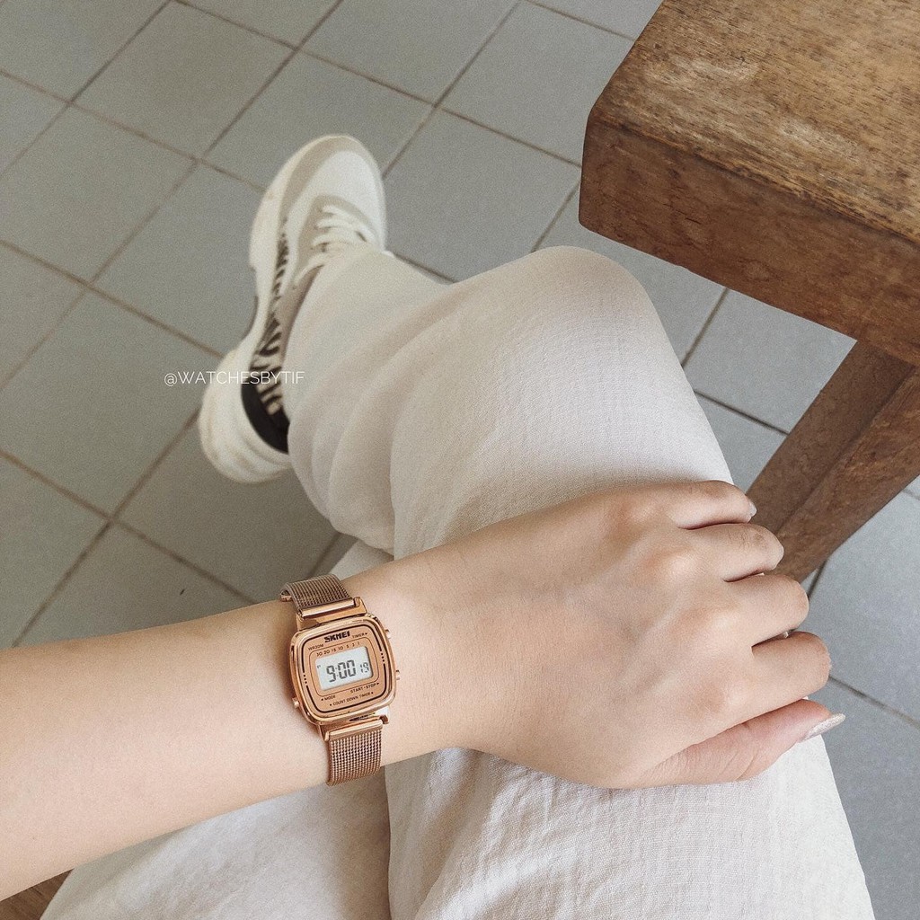 Đồng hồ nữ điện tử mặt nhỏ SKMEI MESH rose gold đồng hồ thời trang cá tính Watchesbytif size 22mm kèm báo thức bấm giờ | BigBuy360 - bigbuy360.vn