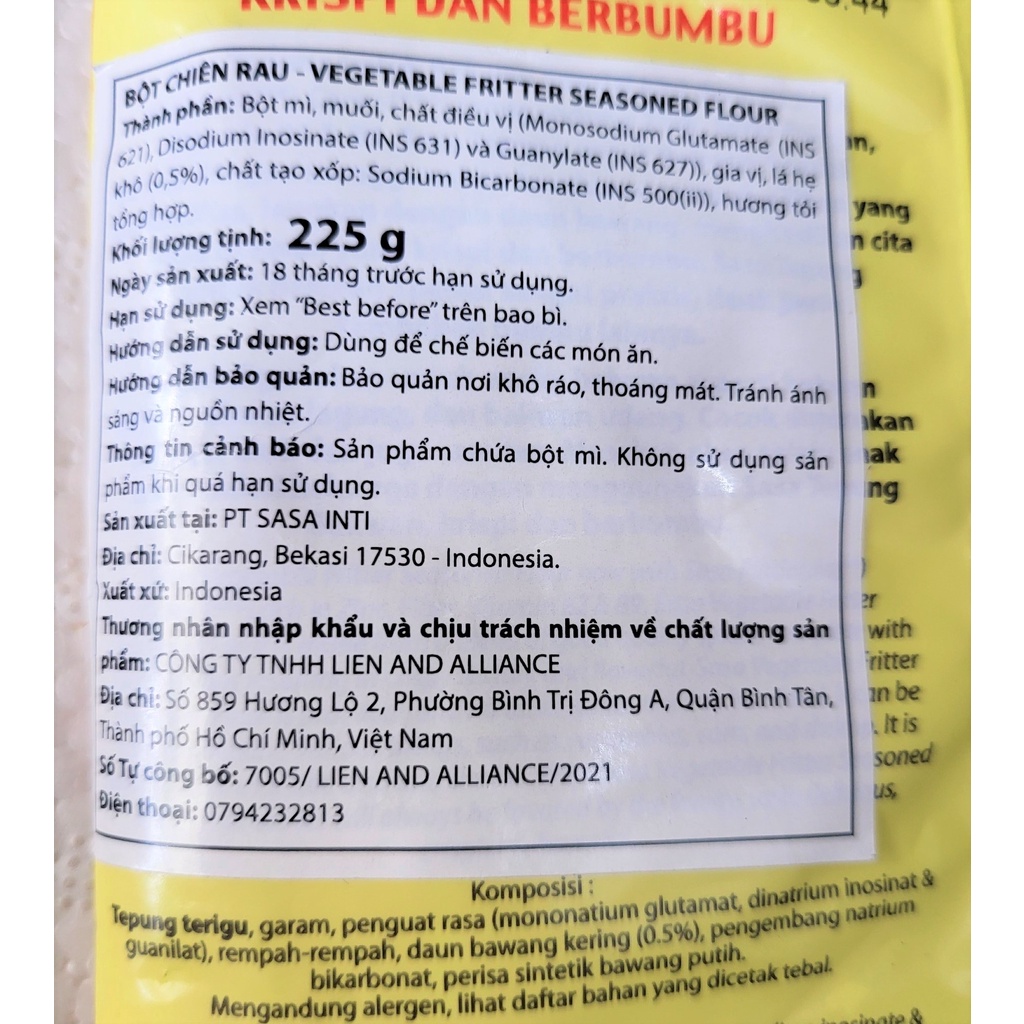 [Gói 225g] BỘT CHIÊN RAU CỦ [Indonesia] SASA Vegetable Fritter Seasoned Flour (halal)